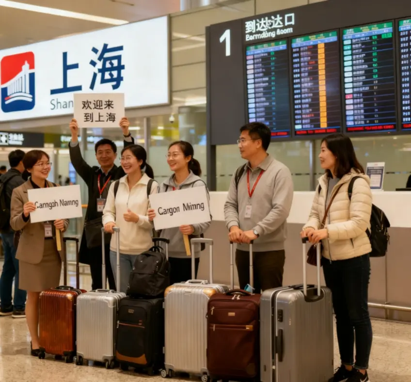 綠色旅行網工作人員在機場舉牌迎接海外遊客